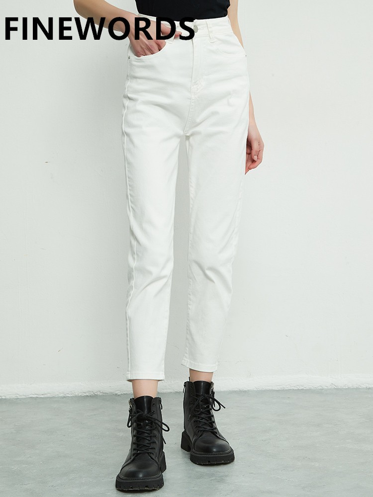 FINEWORDS  Spring White Jeans For Women Casual Baggy Harem Boyfriend Jeans High Waist Solid  Streetwear Mom Jeans