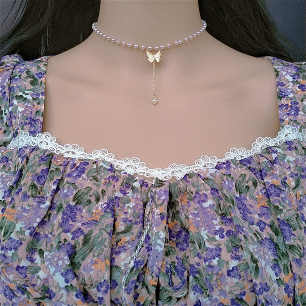 IFMYA Fishion Kpop Silver Color Butterfly Pearl Necklace Exquisite Cute Pearl Chain Choker Jewelry For Women Party Gift
