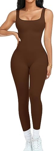 OLCHEE Womens Workout Rompers Jumpsuits Seamless Ribbed Yoga Gym One Piece Sleeveless Square Neck Tank Top Leggings Unitard