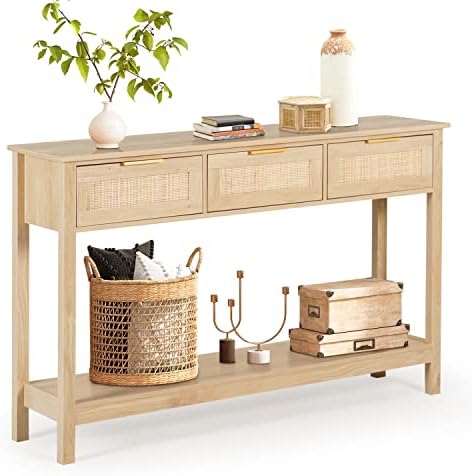 LAZZO Rattan Console Table Boho Entryway Table Narrow Long Sofa Table Hallway Foyer Table Behind Couch Table with 3 Drawers and Open Storage Shelf for Living Room and Corridor Natural Wood